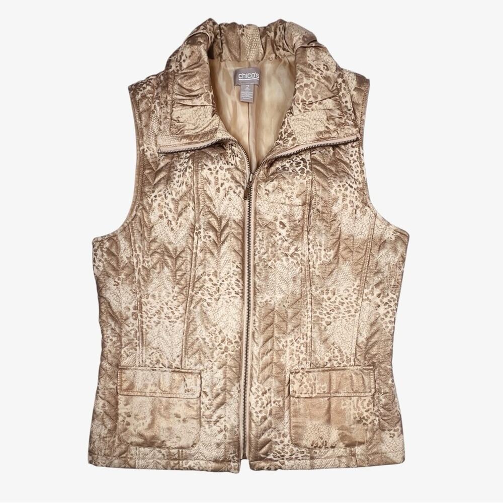 Chico's 2 Womens Zip-Up Quilted Vest Size L Gold Shimmer Lightweight